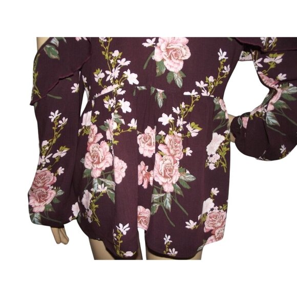 American Eagle Blouse Small Burgundy Wine Pink Floral off cold shoulder v-neck - Picture 13 of 14